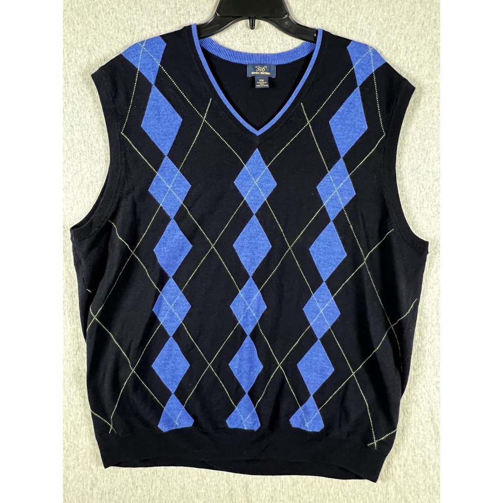 Brooks Brothers 346 Mens XXL Merino Wool Argyle V-Neck Sweater Vest Black Blue